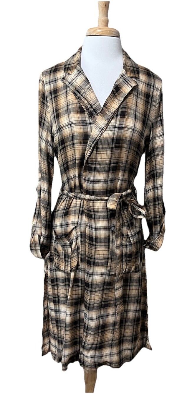 Gilded Intent Womens S Duster Brown Ivory Plaid Academia Fall Boho Light Jacket